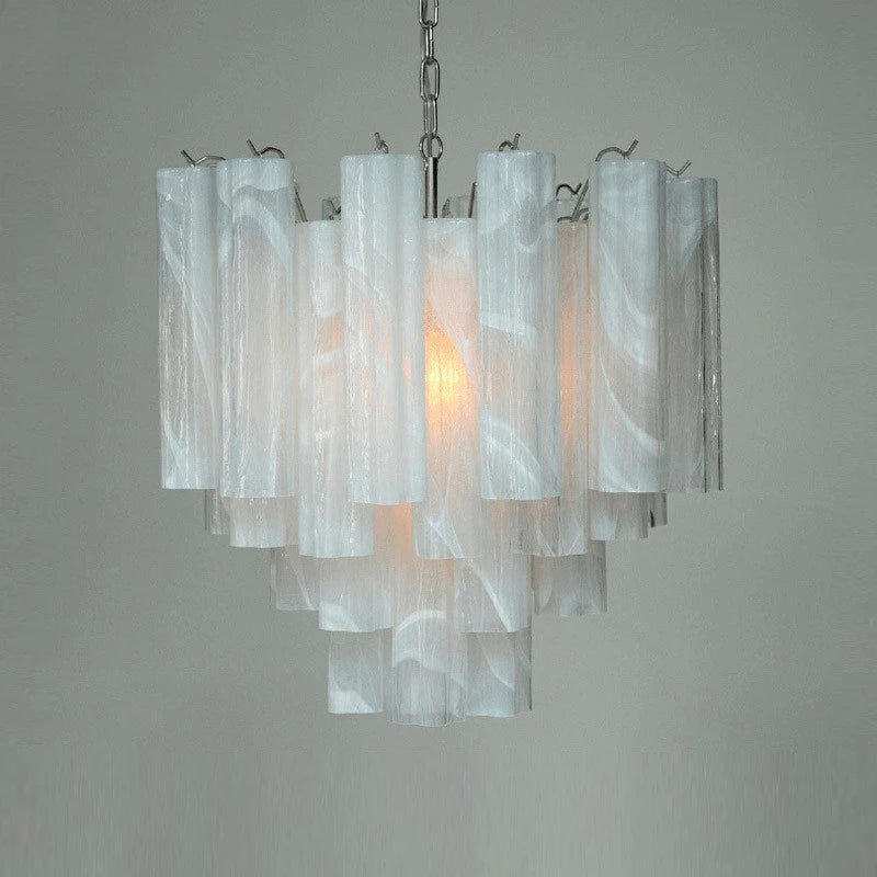 White frosted glass tube chandelier with a chrome frame, tiered design, and chain suspension.