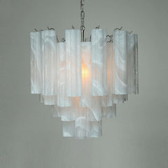 White frosted glass tube chandelier with a chrome frame, tiered design, and chain suspension.