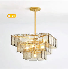 Tiered Amber Glass Chandelier with Brushed Gold Finish Metal Frame