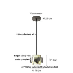 Pendant light with measurements and specifications on a white background