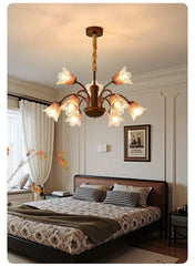 Bronze Floral Chandelier Pendant Light with Frosted Glass Bell Shades