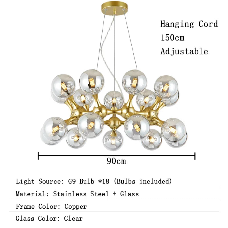 Chandelier with dimensions and material details on a white background