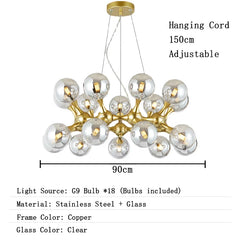 Chandelier with dimensions and material details on a white background