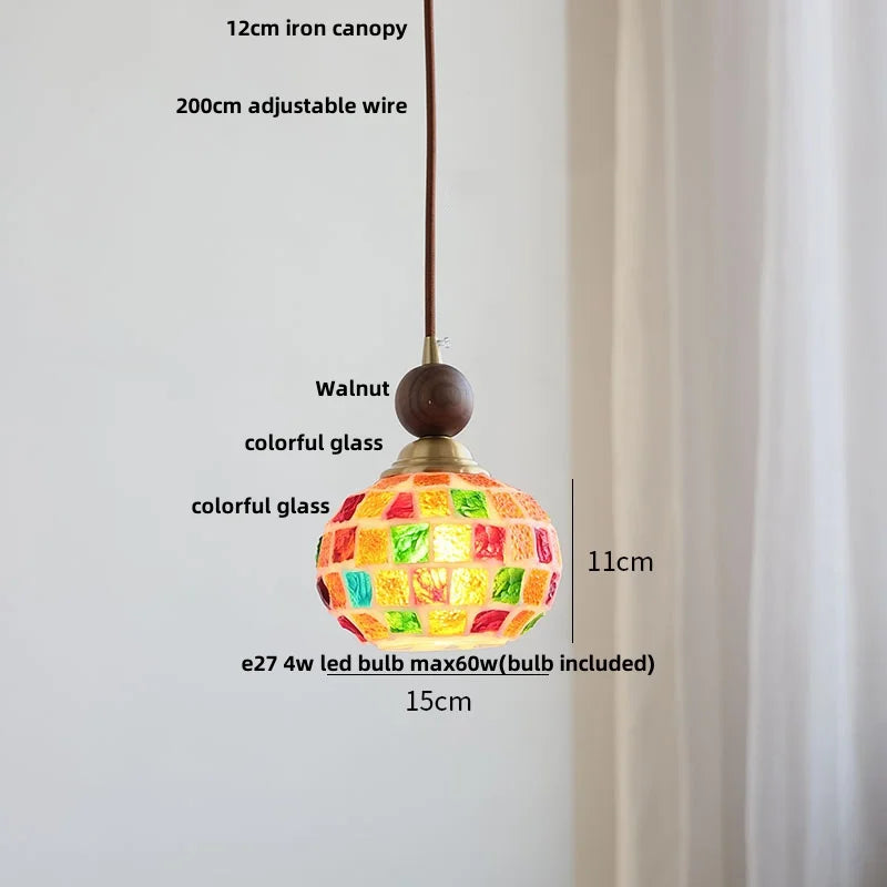 Colorful glass pendant light with dimensions and features labeled on a plain background