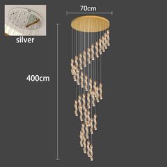 Chandelier with dimensions and a close-up inset on a dark background