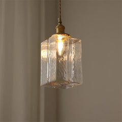 Brass Square Pendant Light with Textured Amber Glass Shade