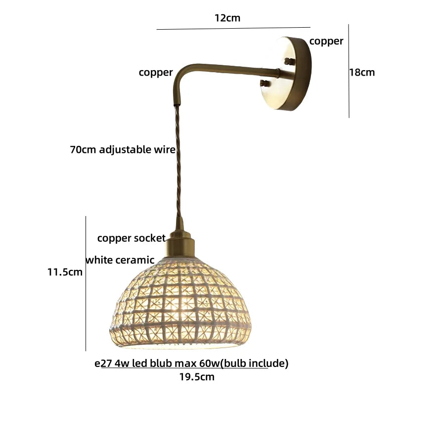 Wall-mounted lamp with measurements on a white background