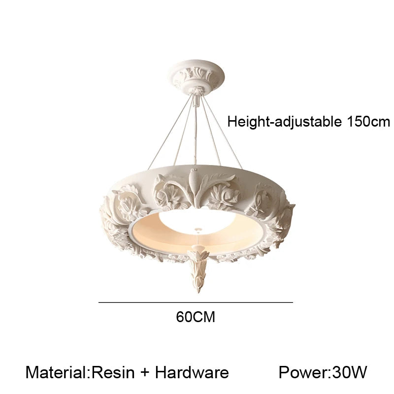 Decorative ceiling light with height, diameter, and power information on a white background