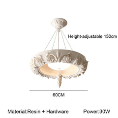 Decorative ceiling light with height, diameter, and power information on a white background