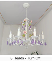 White Metal Chandelier with Rose Buds and Purple Crystal Drops