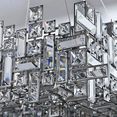 Close-up of a crystal chandelier with reflective surfaces