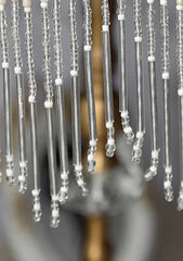 Close-up of a chandelier with crystal pendants against a blurred background