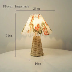 Rattan Base Pleated Fabric Shade Table Lamp - Bedside Accent Light