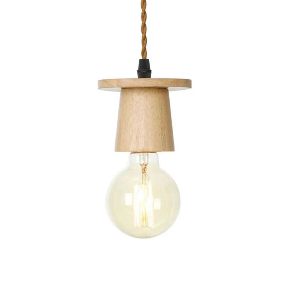 Wooden pendant light with a lit bulb on a white background