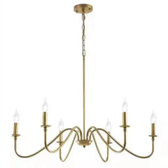 Close-up view of a gold candelabra-style chandelier, showcasing its metallic finish and bulb holders.