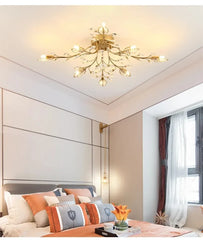 Gold Crystal Leaf Semi-Flush Mount Light with Branch Accents