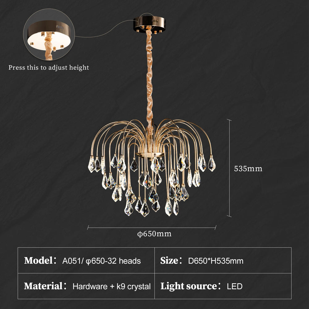 Chandelier with crystal accents on a dark background, showing adjustable height feature.