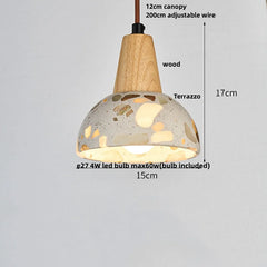 Pendant light with wooden top and terrazzo design on a gray background
