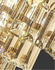 Close-up of a luxurious chandelier with crystal clear and reflective light.
