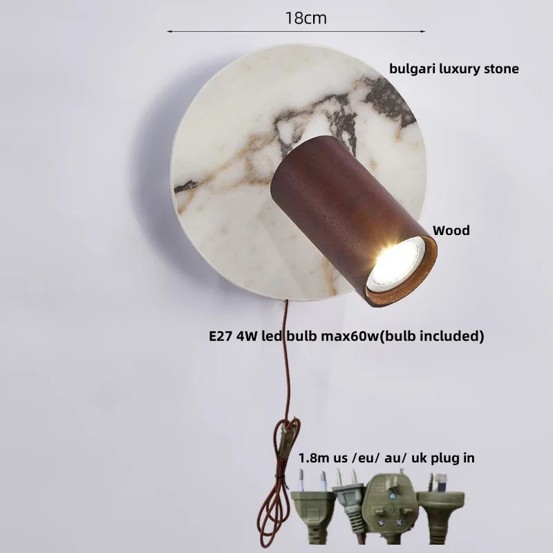 Wall-mounted light fixture with marble base and wooden shade, featuring dimensions and bulb information.