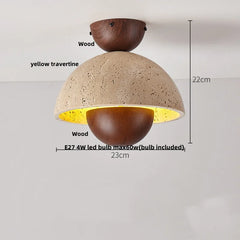 Pendant light with wooden and yellow travertine design, showing dimensions and bulb information.