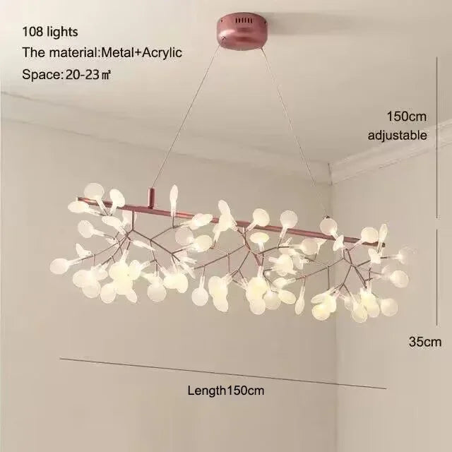 Chandelier with 108 lights, metal and acrylic material, adjustable length and space information.