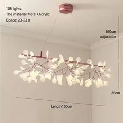 Chandelier with 108 lights, metal and acrylic material, adjustable length and space information.