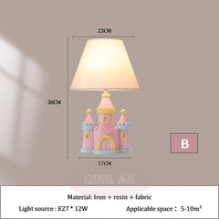 Pink Castle Table Lamp Children's Room Fabric Shade Accent Lamp