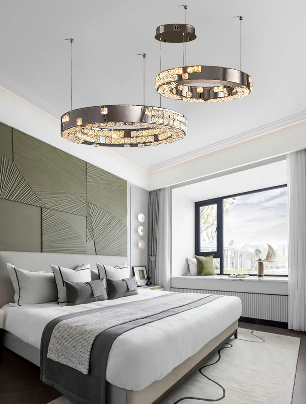 Modern bedroom with stylish chandeliers, bed, and large window.