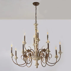 Distressed Wood Candle Chandelier with Floral Accents
