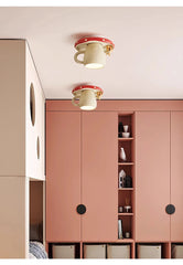 Red White Ceramic Mushroom Flush Mount Light with Squirrel Accent
