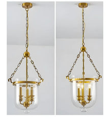 Brass Lantern Pendant Light with Clear Glass Bell Shade and Chain