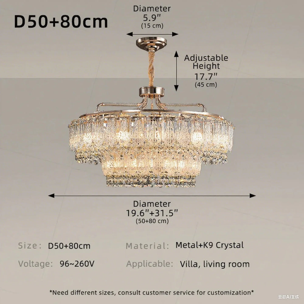 Chandelier with dimensions and specifications on a gray background