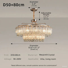 Chandelier with dimensions and specifications on a gray background