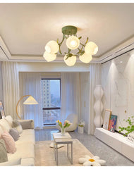Flower Bud Semi-Flush Ceiling Light White Glass Green Metal Accents