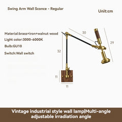 Adjustable Brass Wall Sconce with Walnut Base and Black Arm