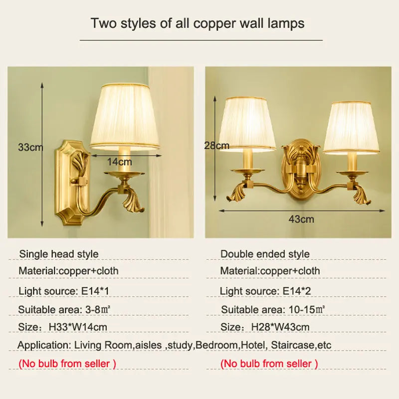 Comparison of single and double-ended gold wall sconces with fabric shades, showing dimensions.