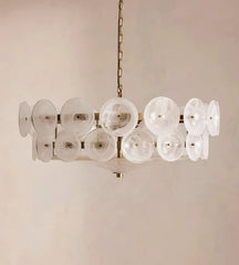Mid-Century Amber Glass Disc Chandelier with Gold Metal Frame