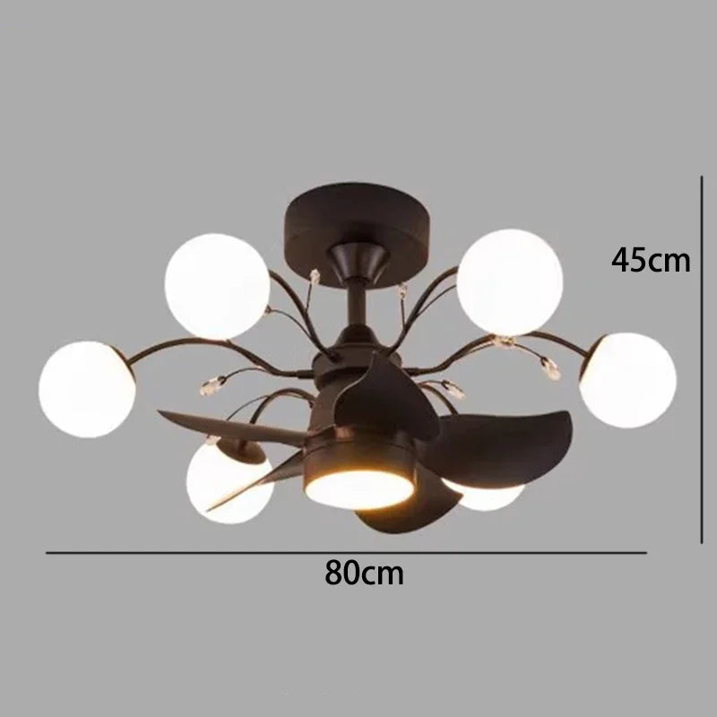 Chandelier with six white spherical lights on a gray background