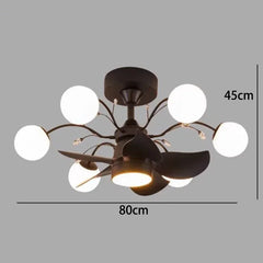 Chandelier with six white spherical lights on a gray background