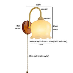 Wall-mounted light fixture with dimensions and bulb information on a white background