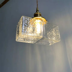 Brass Square Pendant Light with Textured Amber Glass Shade