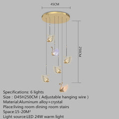 Chandelier with swan design and dimensions on a gray background