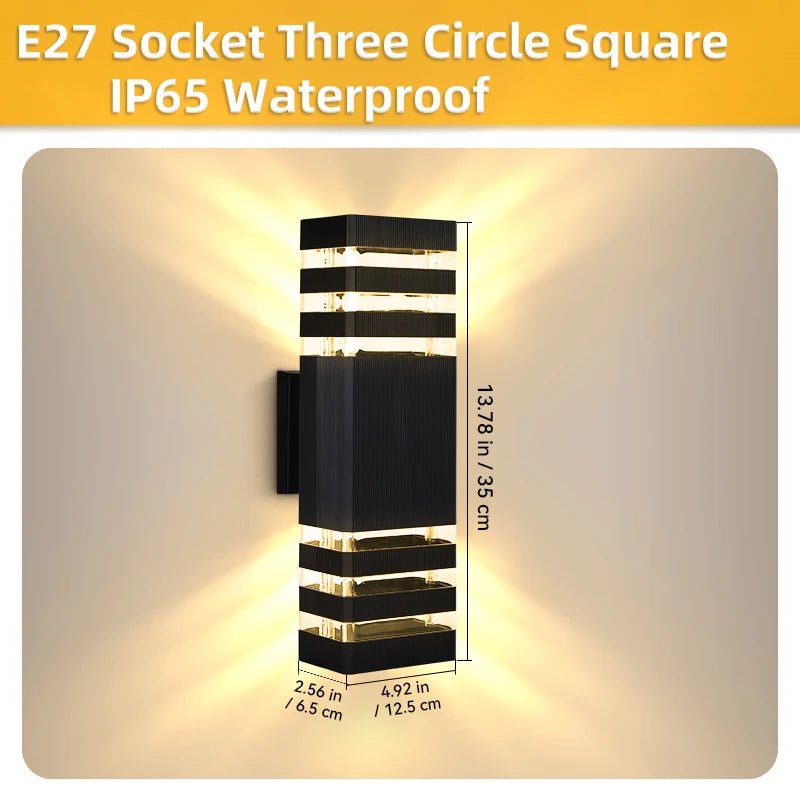 Wall-mounted light fixture with E27 socket, three-circle square design, and IP65 waterproof rating.