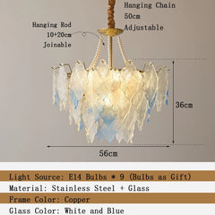 Chandelier with measurements and product details on a beige background