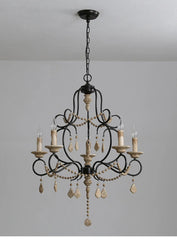 Black Metal Chandelier with Wood Beads and Crystal Droplets