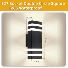 Black LED wall light fixture with measurements on a beige background