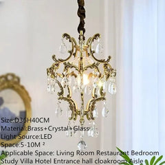 Product specifications overlay on an image of a gold crystal chandelier.