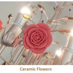 Pink Rose Ceramic Crystal Chandelier Semi-Flush Mount Light