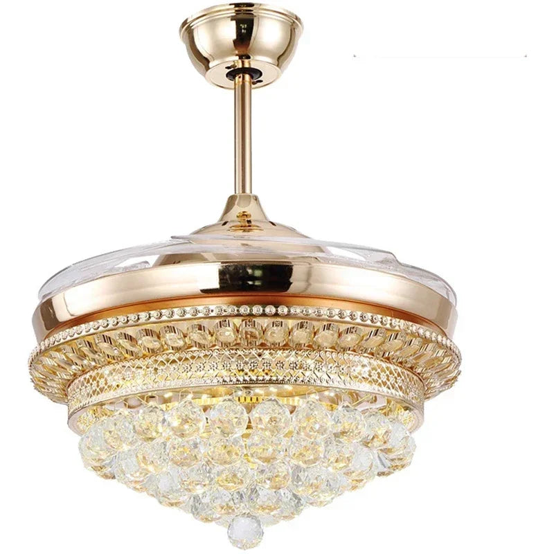 Gold ceiling fan with crystal-like design on a white background